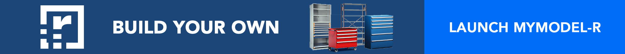 blue banner with storage shelves and cabinets
