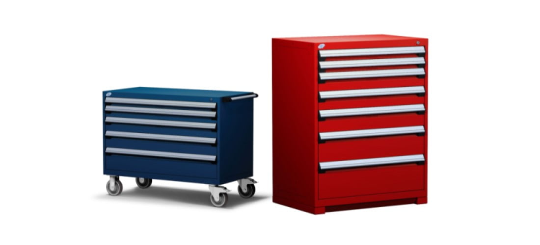 red and blue cabinets